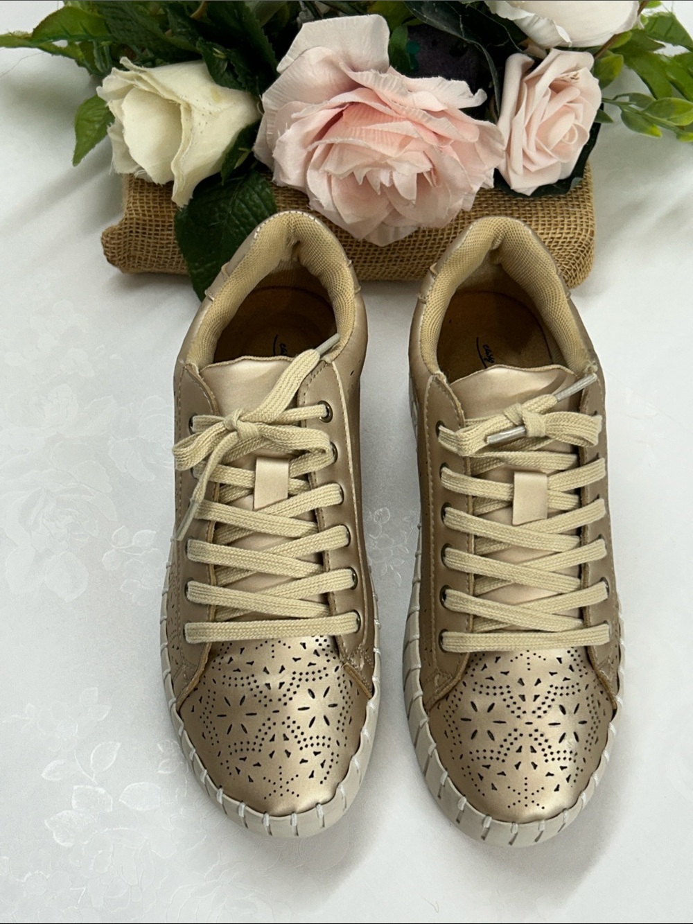 Women's Metallic Gold Perforated Casual Sneakers